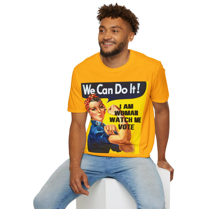 I Am Woman Watch Me Vote Rosie Light colors Unisex T-Shirt by theGreenDragonTavern.shop