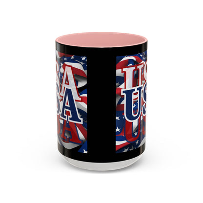 USA Blue font Center Patriot Black Accent Mug by theGreenDragonTavern.shop
