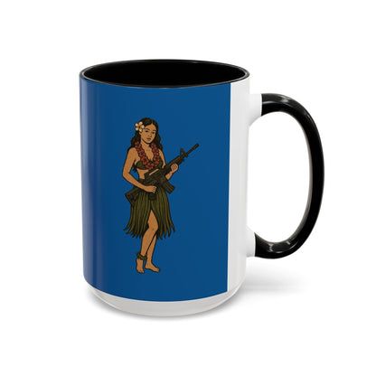 Hula Girl Packin' Heat Dark Blue Accent Mug by theGreenDragonTavern.shop