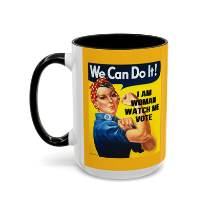 I Am Woman Watch Me Vote Rosie Yellow Accent Mug by theGreenDragonTavern.shop
