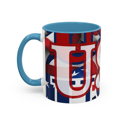 USA! USA! USA White font Patriot Blue Accent Mug by theGreenDragonTavern.shop