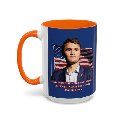 Charlie Kirk, Healthy Debate Blue Accent Mug by theGreenDragonTavern.shop