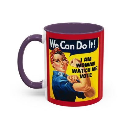 I Am Woman Watch Me Vote Rosie Red Accent Mug by theGreenDragonTavern.shop