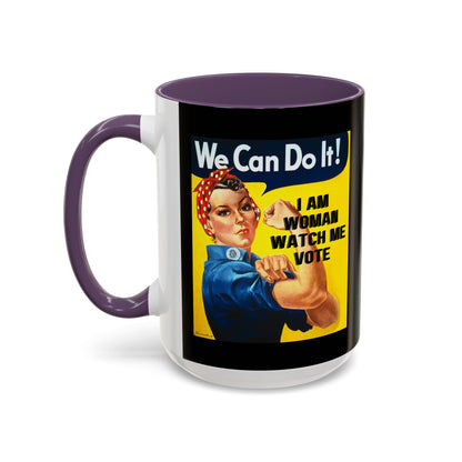 I Am Woman Watch Me Vote Rosie Black Accent Mug by theGreenDragonTavern.shop