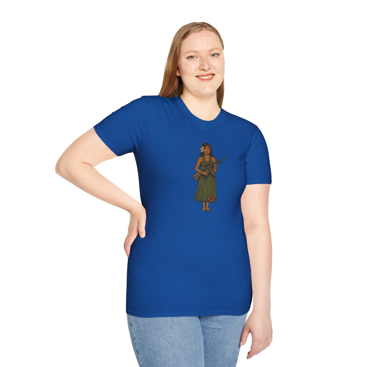 2-sided, Hula Girl Packin' Heat Dark colors Unisex T-Shirt by theGreenDragonTavern.shop
