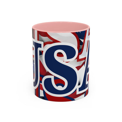 USA! USA! USA Blue font Patriot Black Accent Mug by theGreenDragonTavern.shop