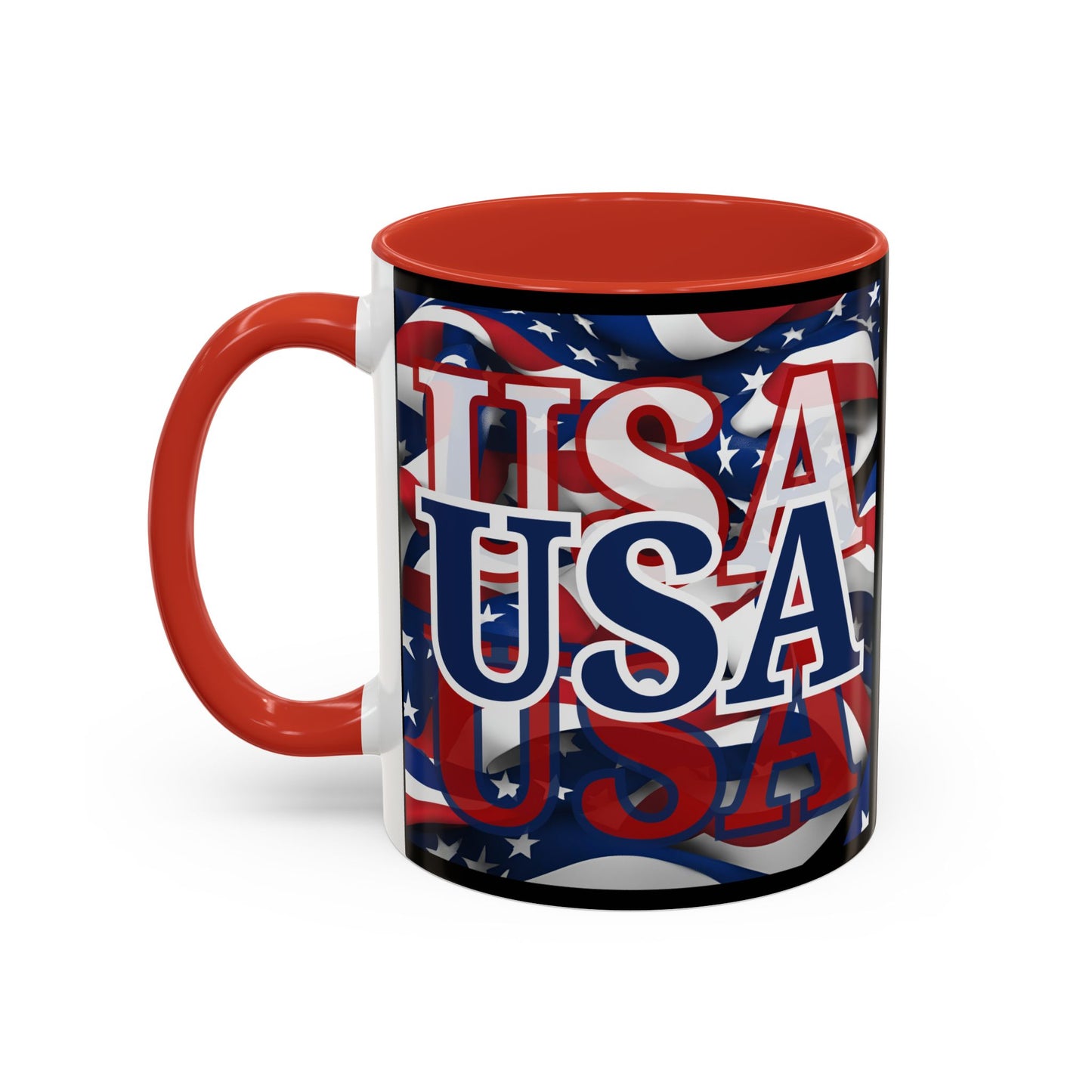 USA Blue font Center Patriot Black Accent Mug by theGreenDragonTavern.shop