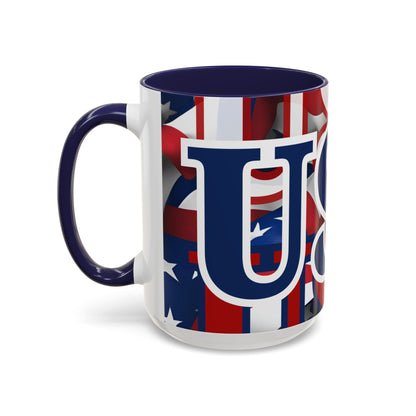 USA! USA! USA Blue font Patriot Blue Accent Mug by theGreenDragonTavern.shop