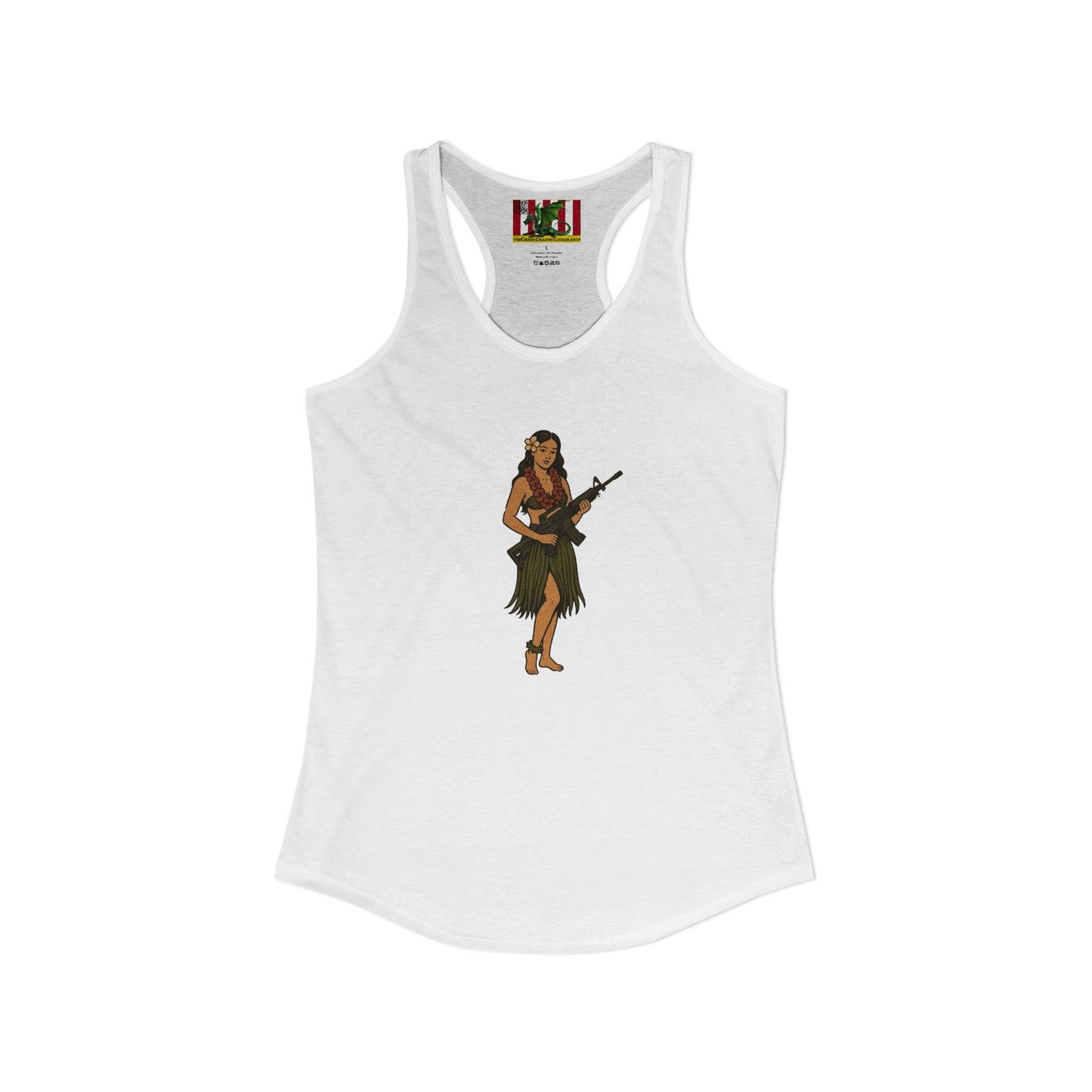Hula Girl Packin' Heat Women's Racerback Tank Top by theGreenDragonTavern.shop