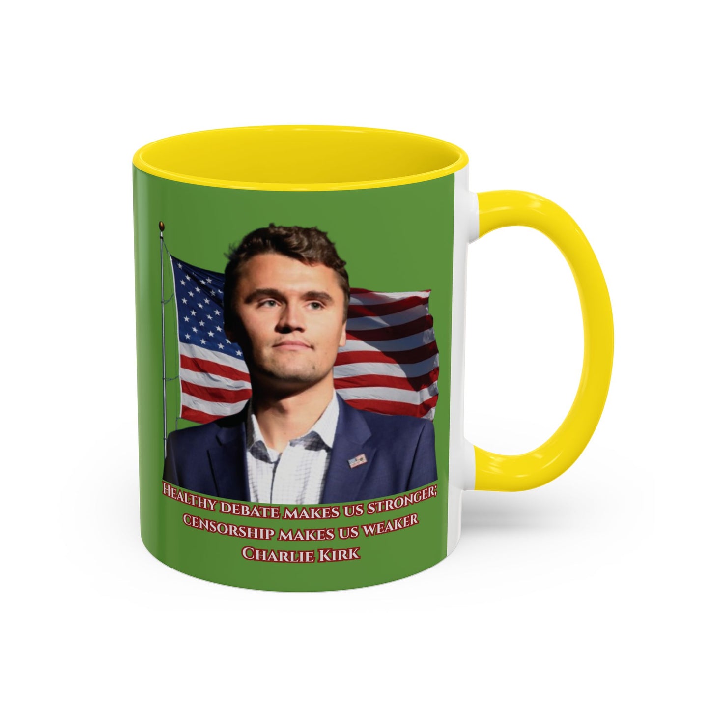 Charlie Kirk, Healthy Debate Green Accent Mug by theGreenDragonTavern.shop