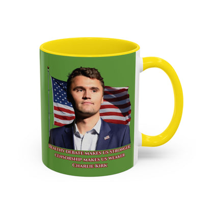 Charlie Kirk, Healthy Debate Green Accent Mug by theGreenDragonTavern.shop