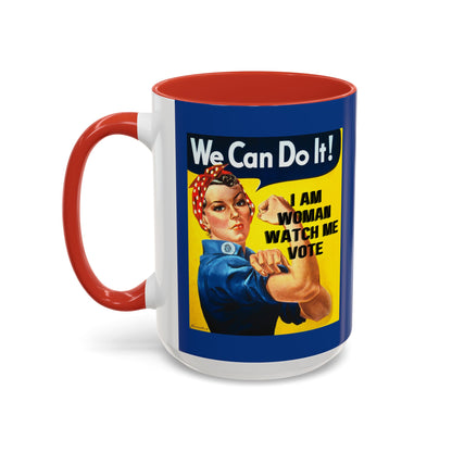 I Am Woman Watch Me Vote Rosie Dark Blue Accent Mug by theGreenDragonTavern.shop