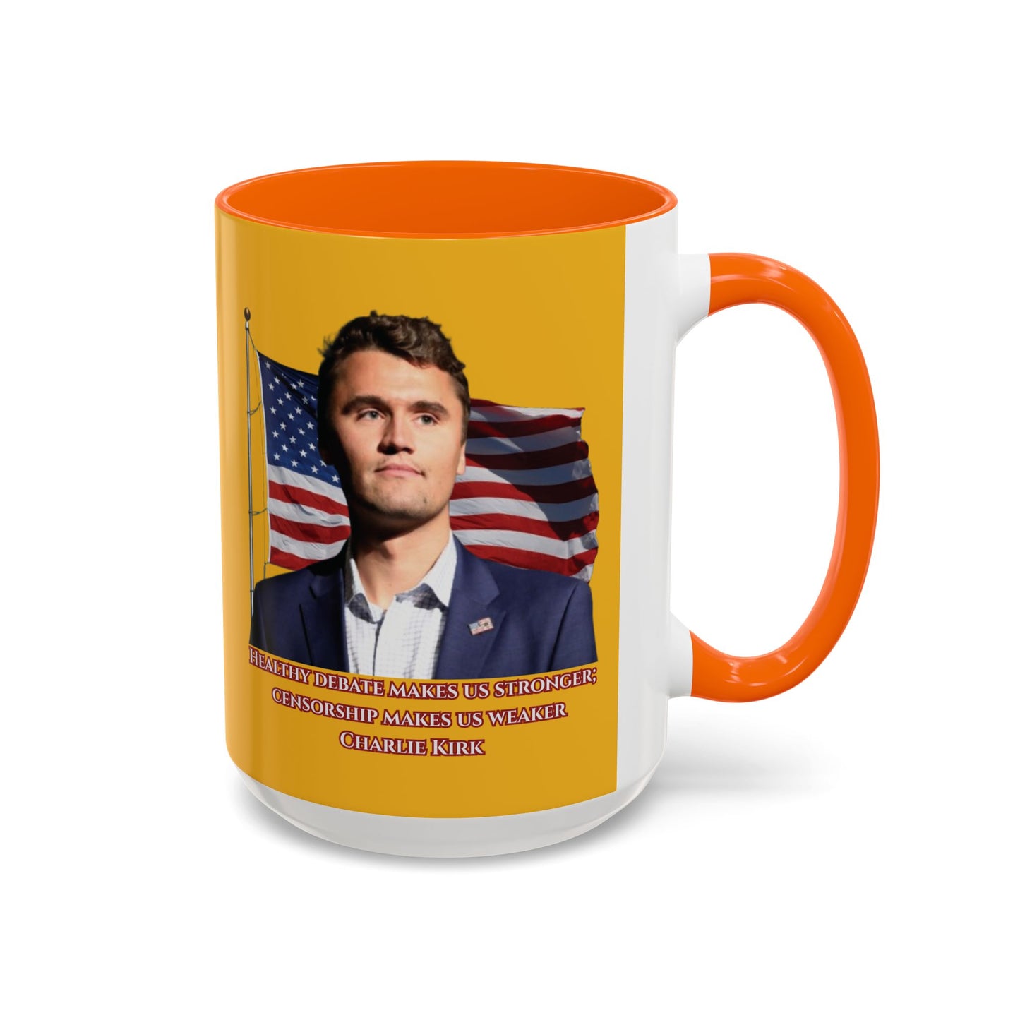 Charlie Kirk, Healthy Debate Yellow Accent Mug by theGreenDragonTavern.shop