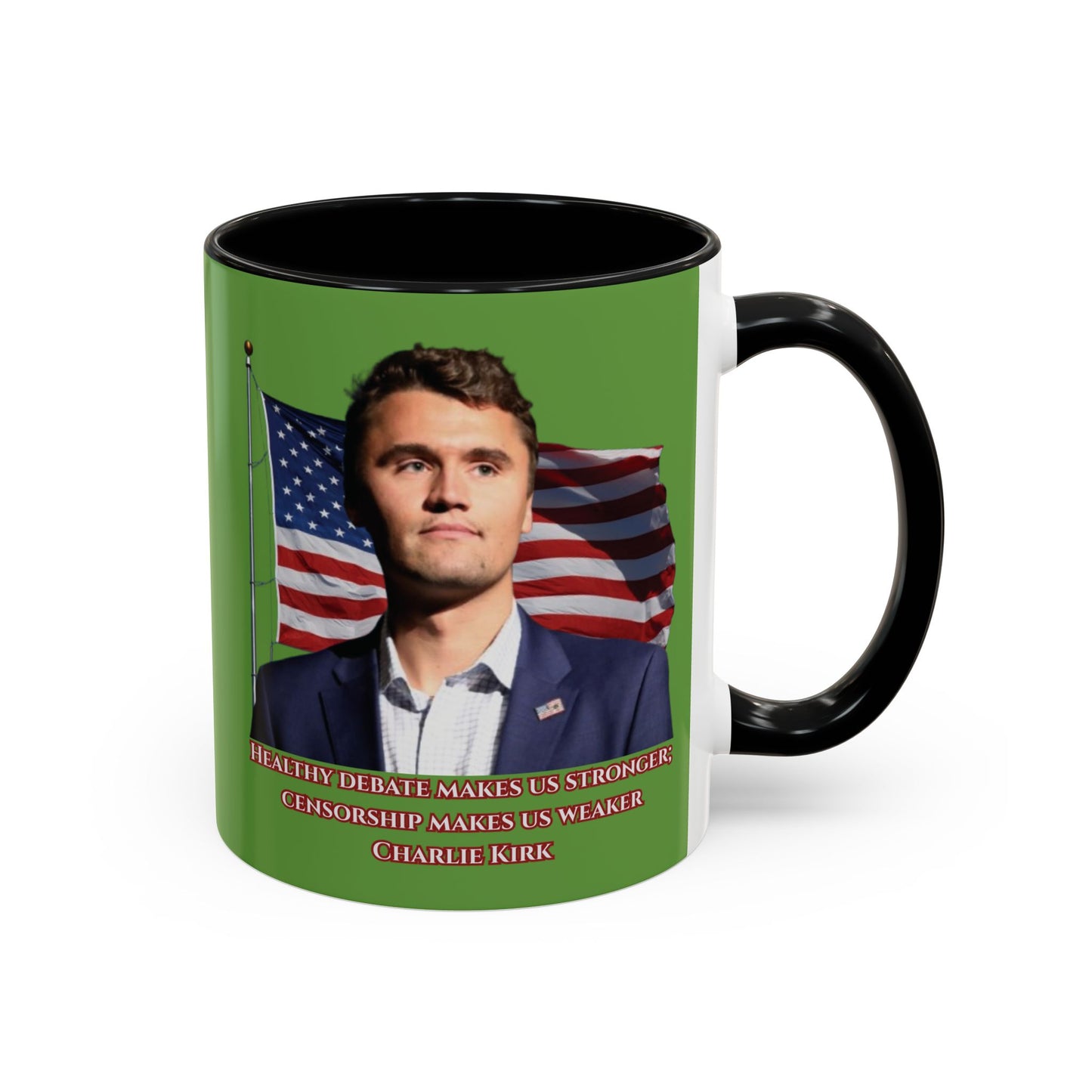 Charlie Kirk, Healthy Debate Green Accent Mug by theGreenDragonTavern.shop