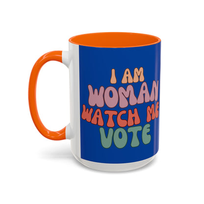 I Am Woman Watch Me Vote Dark Blue Accent Mug by theGreenDragonTavern.shop