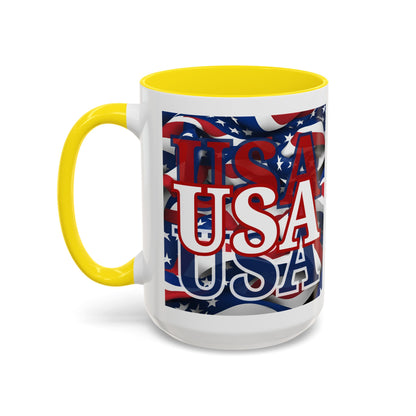 USA White font Center Patriot White Accent Mug by theGreenDragonTavern.shop