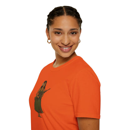 2-sided, Hula Girl Packin' Heat Light colors Unisex T-Shirt by theGreenDragonTavern.shop