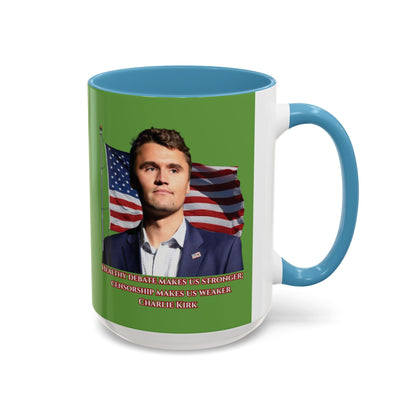 Charlie Kirk, Healthy Debate Green Accent Mug by theGreenDragonTavern.shop