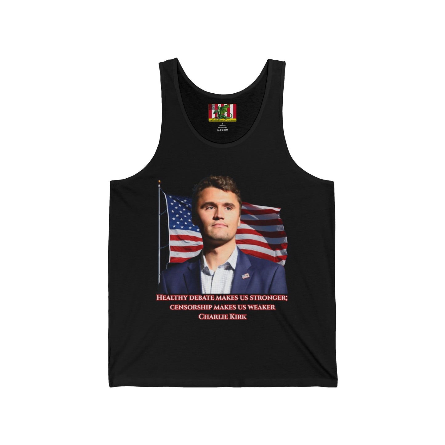 Charlie Kirk, Healthy Debate Unisex Jersey Tank Top by theGreenDragonTavern.shop