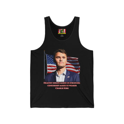Charlie Kirk, Healthy Debate Unisex Jersey Tank Top by theGreenDragonTavern.shop