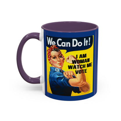 I Am Woman Watch Me Vote Rosie Dark Blue Accent Mug by theGreenDragonTavern.shop