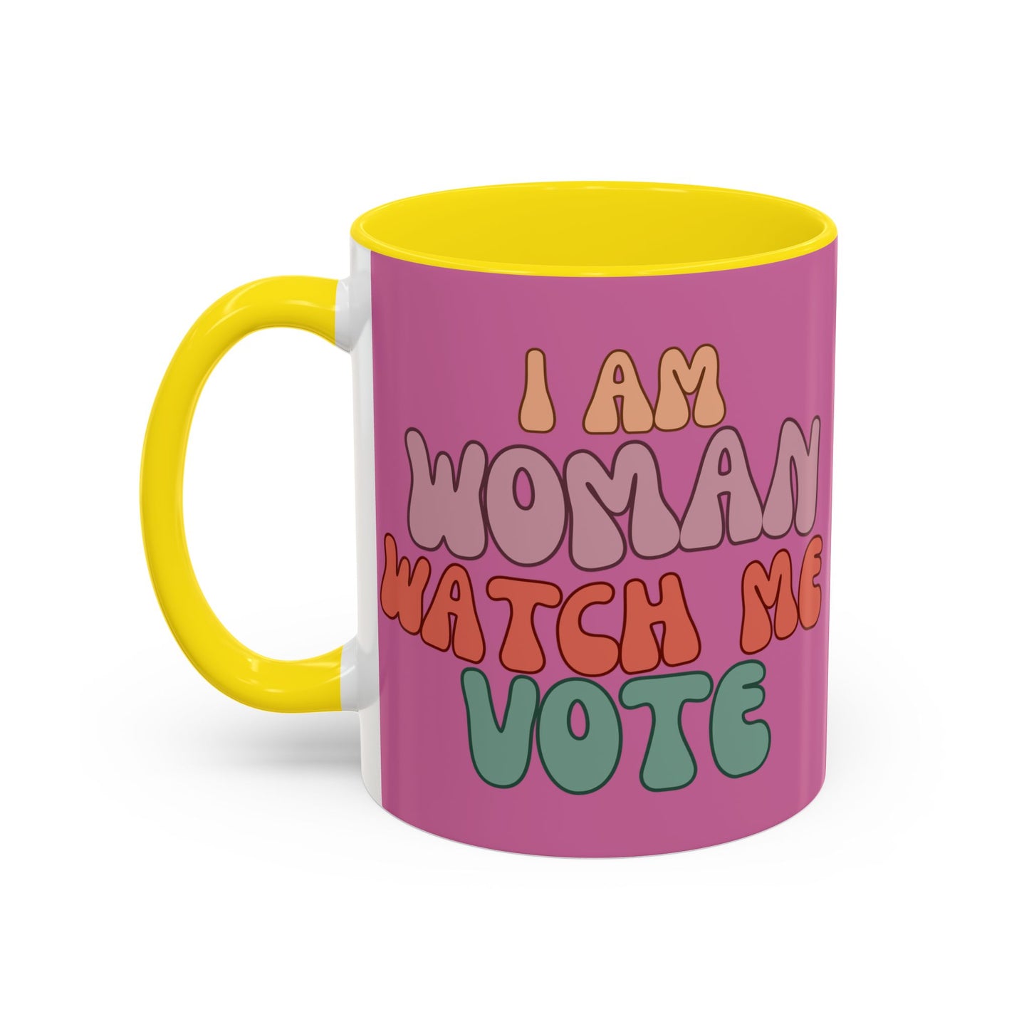 I Am Woman Watch Me Vote Pink Accent Mug by theGreenDragonTavern.shop