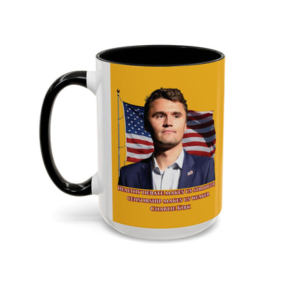 Charlie Kirk, Healthy Debate Yellow Accent Mug by theGreenDragonTavern.shop