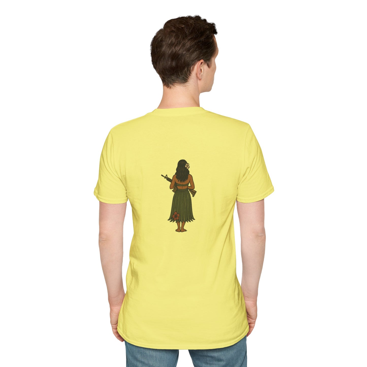 2-sided, Hula Girl Packin' Heat Light colors Unisex T-Shirt by theGreenDragonTavern.shop