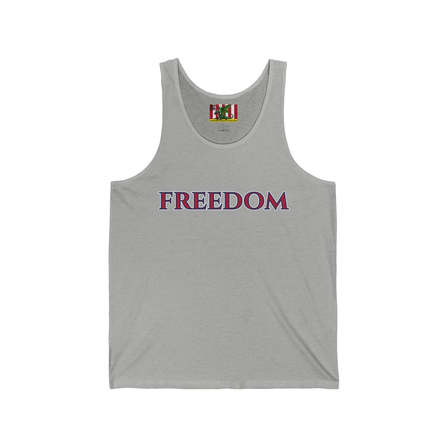 Freedom, Red font Unisex Jersey Tank Top by theGreenDragonTavern.shop