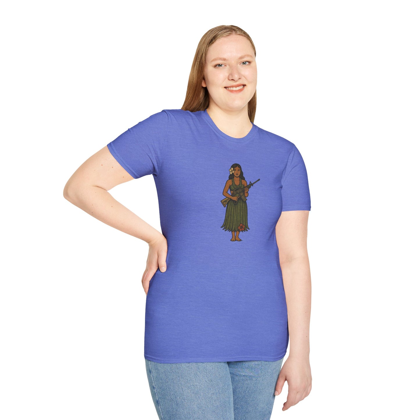 2-sided, Hula Girl Packin' Heat Light colors Unisex T-Shirt by theGreenDragonTavern.shop