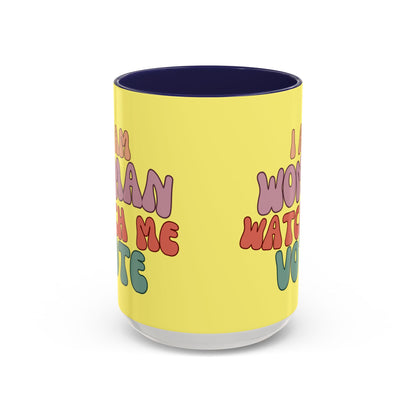 I Am Woman Watch Me Vote Yellow Accent Mug by theGreenDragonTavern.shop