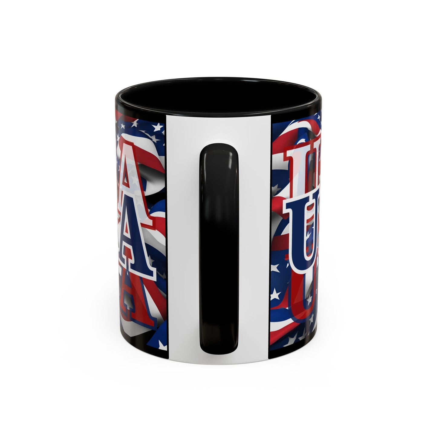 USA Blue font Center Patriot Black Accent Mug by theGreenDragonTavern.shop