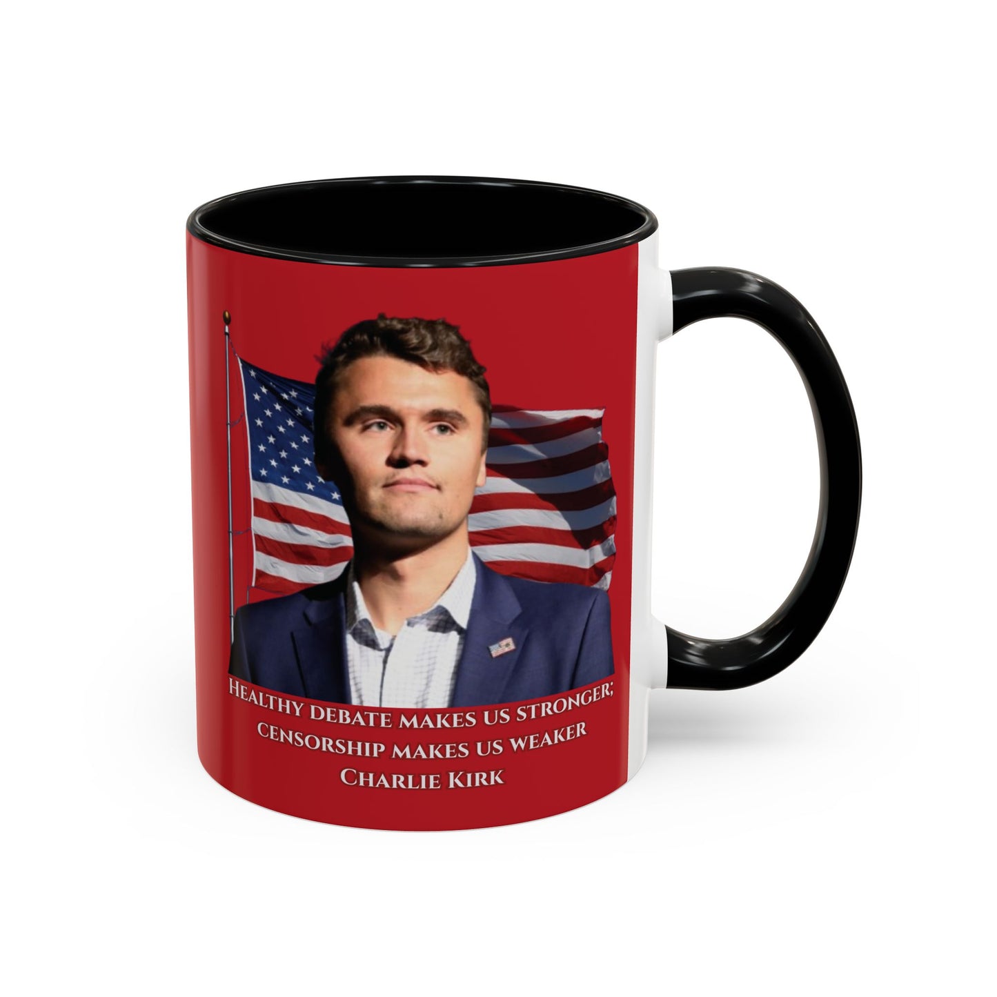 Charlie Kirk, Healthy Debate Red Accent Mug by theGreenDragonTavern.shop