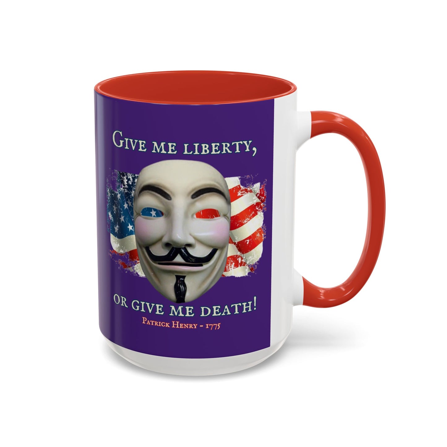 Vendetta, "Give me liberty, or give me death!" Purple Accent Mug by theGreenDragonTavern.shop