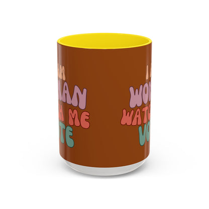 I Am Woman Watch Me Vote Brown Accent Mug by theGreenDragonTavern.shop