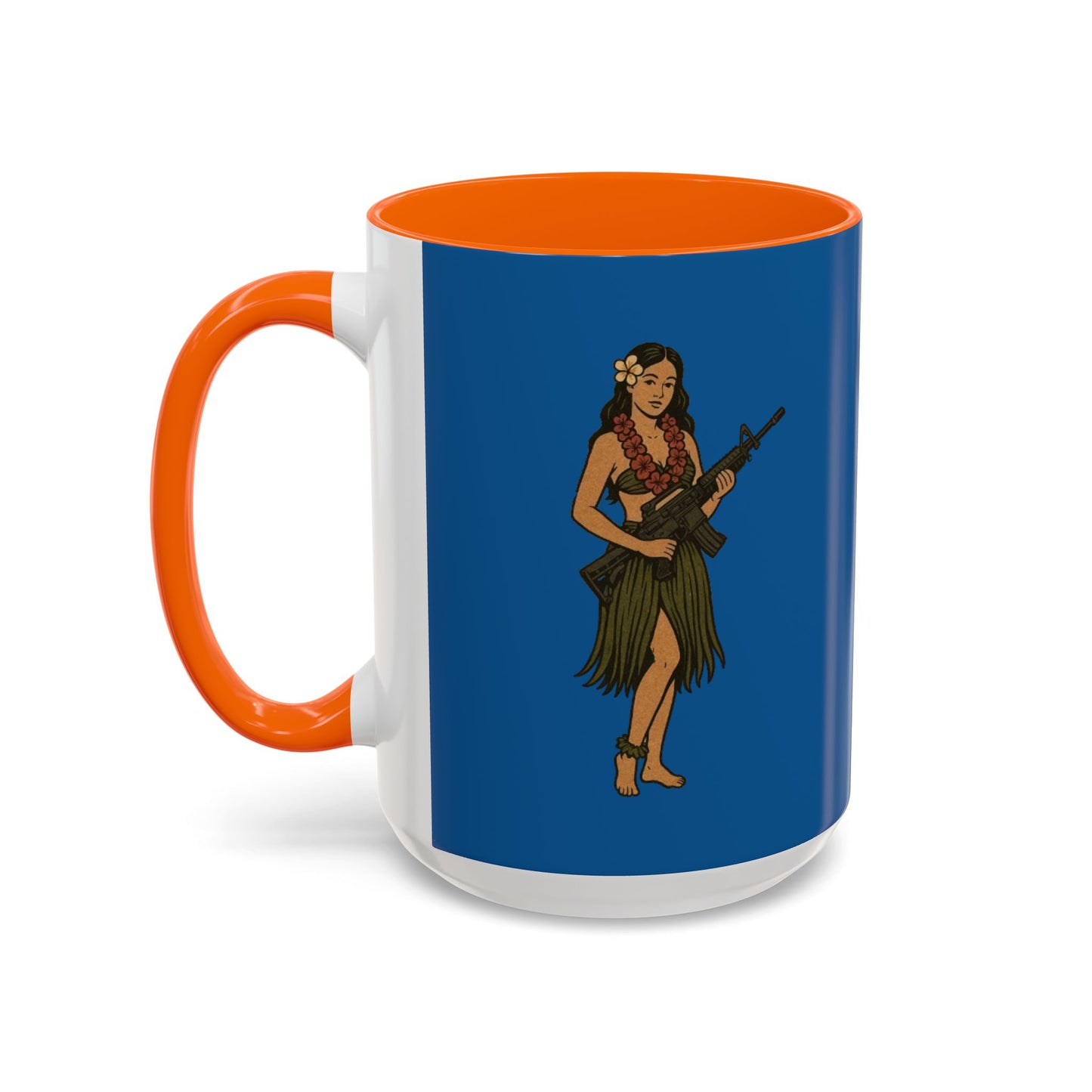 Hula Girl Packin' Heat Dark Blue Accent Mug by theGreenDragonTavern.shop