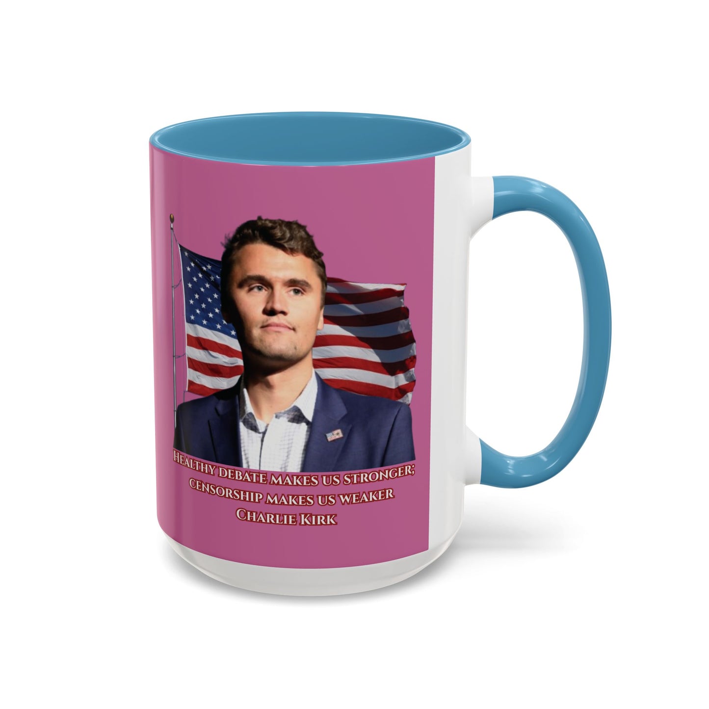 Charlie Kirk, Healthy Debate Pink Accent Mug by theGreenDragonTavern.shop