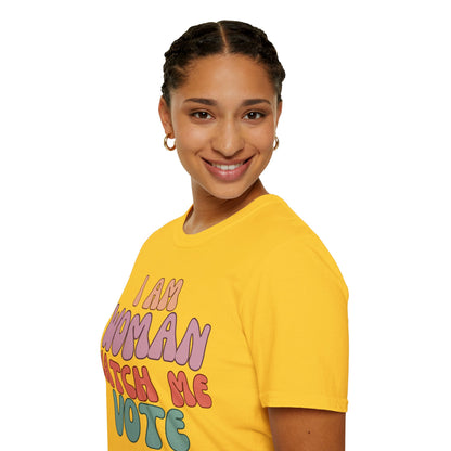 I Am Woman Watch Me Vote Light colors Unisex T-Shirt by theGreenDragonTavern.shop
