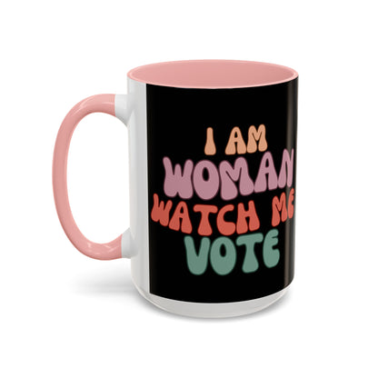I Am Woman Watch Me Vote Black Accent Mug by theGreenDragonTavern.shop