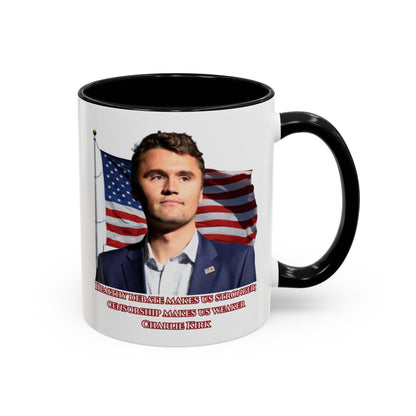 Charlie Kirk, Healthy Debate White Accent Mug by theGreenDragonTavern.shop