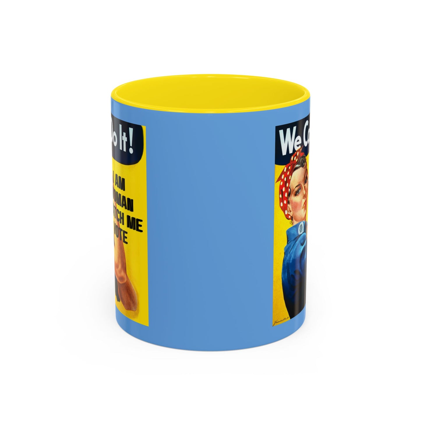 I Am Woman Watch Me Vote Rosie Light Blue Accent Mug by theGreenDragonTavern.shop
