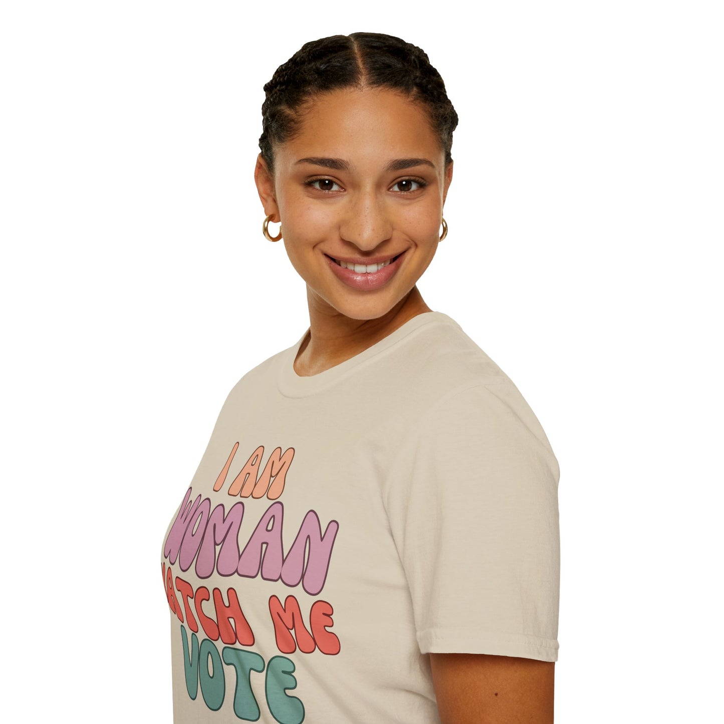 2-sided, I Am Woman Watch Me Vote Light colors Unisex T-Shirt by theGreenDragonTavern.shop