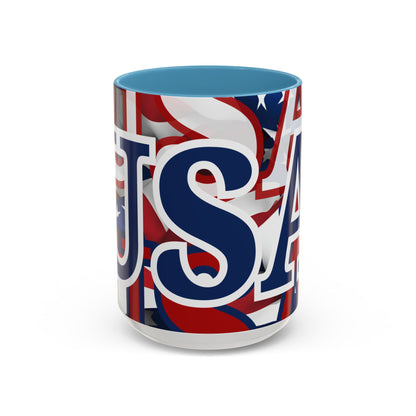 USA! USA! USA Blue font Patriot Blue Accent Mug by theGreenDragonTavern.shop