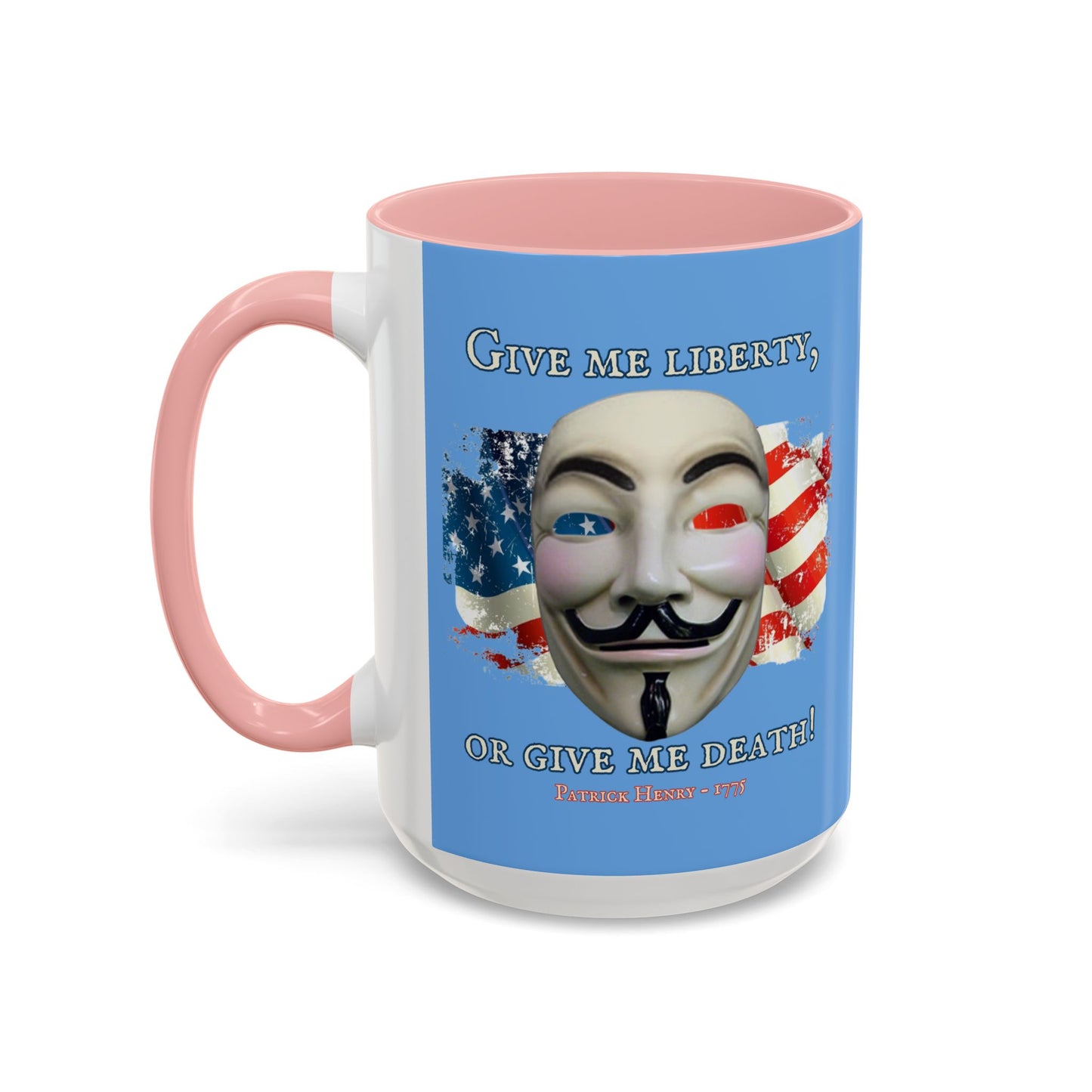 Vendetta, "Give me liberty, or give me death!" Blue Accent Mug by theGreenDragonTavern.shop