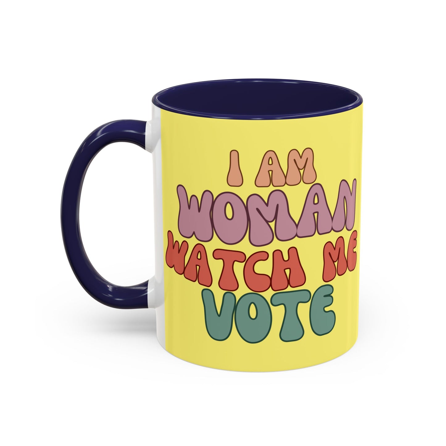 I Am Woman Watch Me Vote Yellow Accent Mug by theGreenDragonTavern.shop