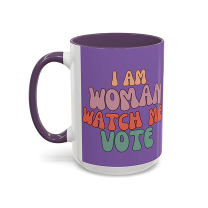 I Am Woman Watch Me Vote Light Purple Accent Mug by theGreenDragonTavern.shop