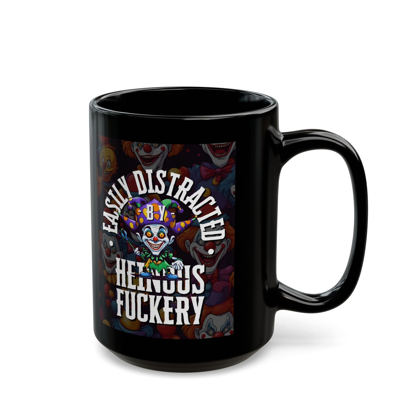 Easily Distracted by Heinous Fuckery Little Jincs Black Mug by theGreenDragonTavern.shop