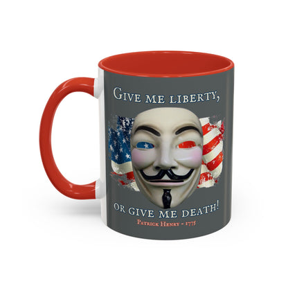 Vendetta, "Give me liberty, or give me death!" Grey Accent Mug by theGreenDragonTavern.shop