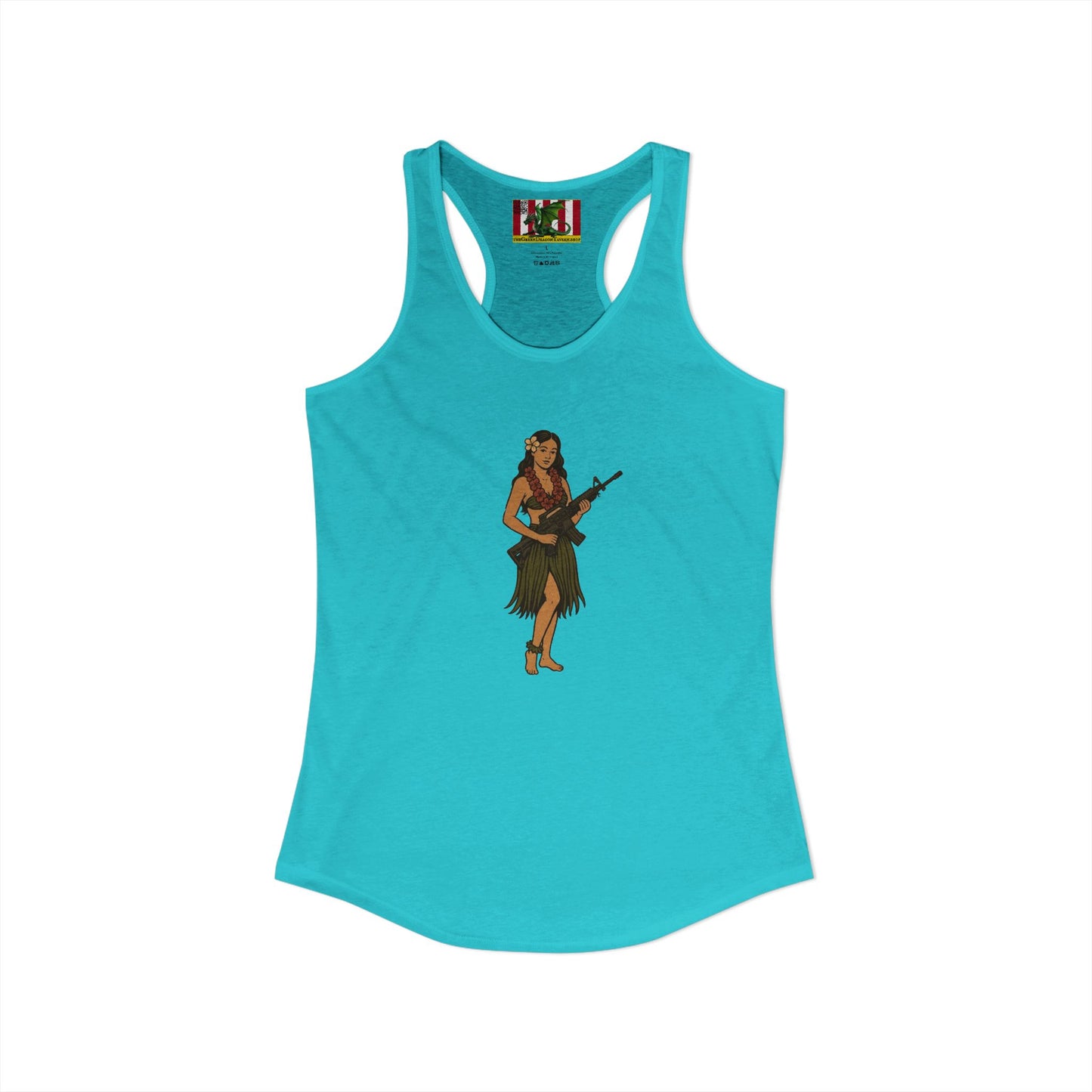 Hula Girl Packin' Heat Women's Racerback Tank Top by theGreenDragonTavern.shop