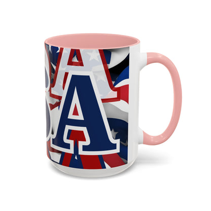 USA! USA! USA Blue font Patriot Blue Accent Mug by theGreenDragonTavern.shop